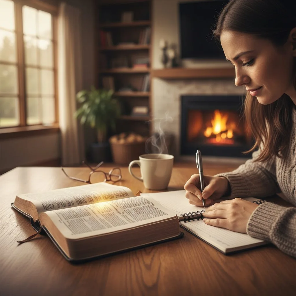 A person putting their faith into action by writing in a journal with their Bible open, a practical example of daily spiri...