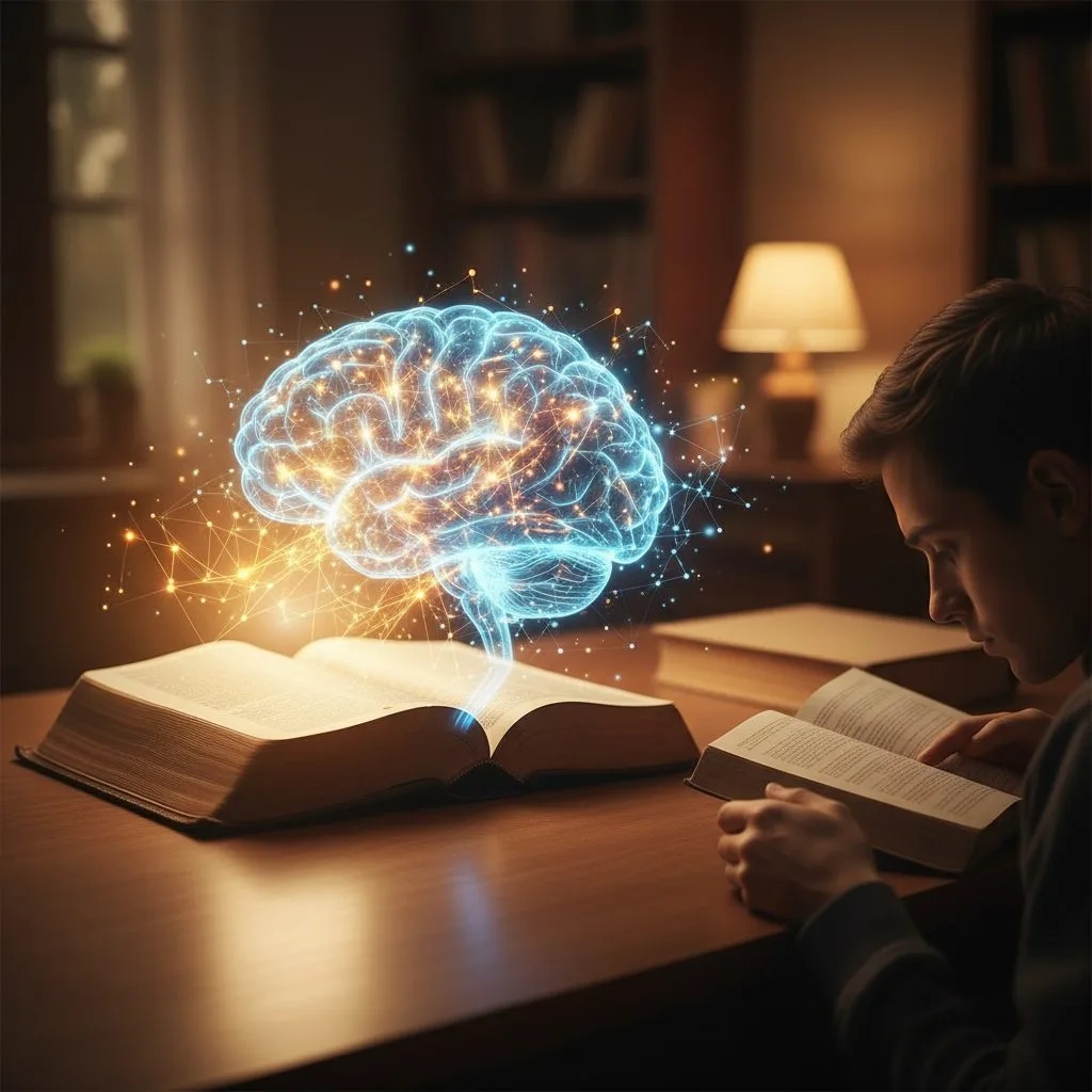 An illustration of the brain's neural networks lighting up while a person reads the Bible, demonstrating the concept of un...