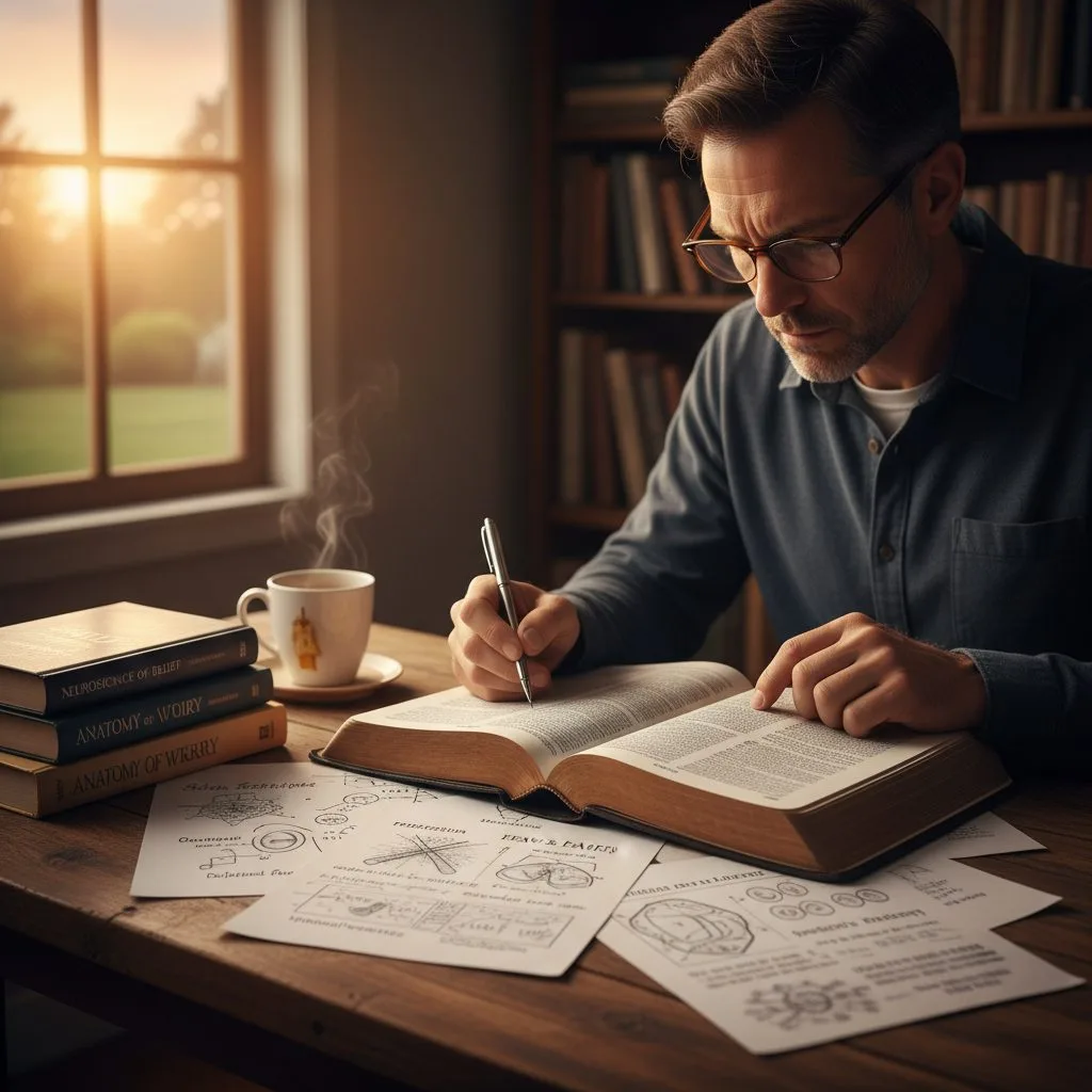 Man studying the Bible to find answers about scripture anxiety fear, illustrating the theological roots of worry.