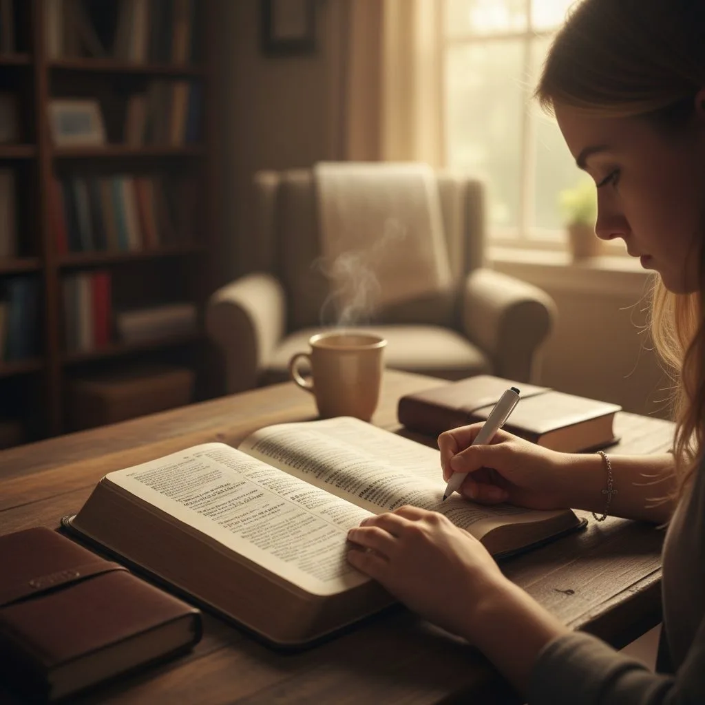 A woman discovers her identity in Christ bible verses while studying the scriptures in a quiet, reflective setting.