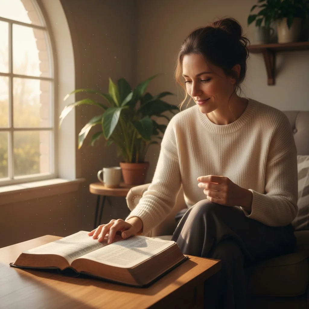 Finding Stillness in a World of Mental Noise with Scripture A woman finds mental peace by reading scripture for the mind, sitting quietly in a serene, sunlit room away from the noise...