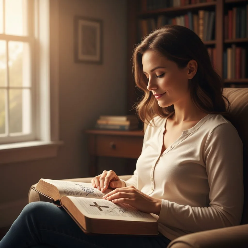 scripture anxiety fear - Woman peacefully reading the Bible, using scripture for anxiety and fear to find comfort and overcom
