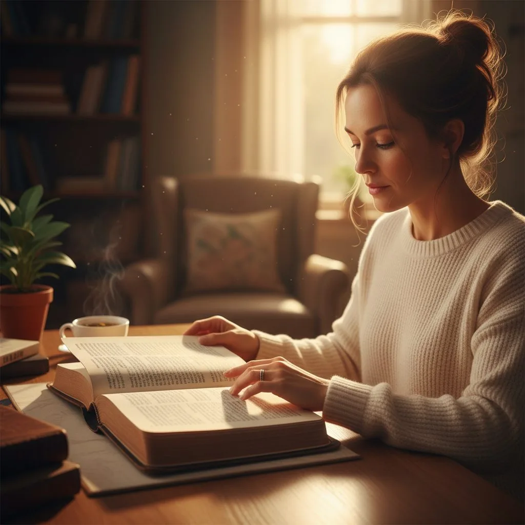 Finding Mental Clarity with Scripture for the Mind A woman reads her Bible, finding powerful scripture for mind and soul in a quiet and peaceful room.