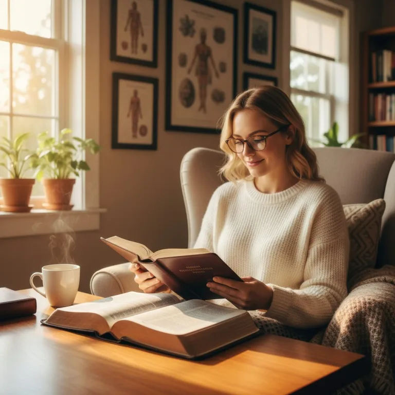 A woman sits in a comfortable chair reading her Bible, finding peace while studying scripture on anxiety and fear.
