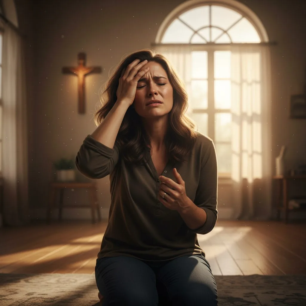 Why It Can Feel So Hard to Pray to God to pray god - A woman with a conflicted expression finds it hard to pray to God, illustrating a common struggle in the Christ
