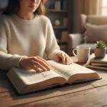 A woman finds hope by engaging in an anxiety bible study, with her Bible open to scriptures that offer peace from worry.
