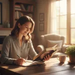 A woman smiling peacefully while studying bible teachings in a sunlit room, embodying the joy that comes from applying scr...