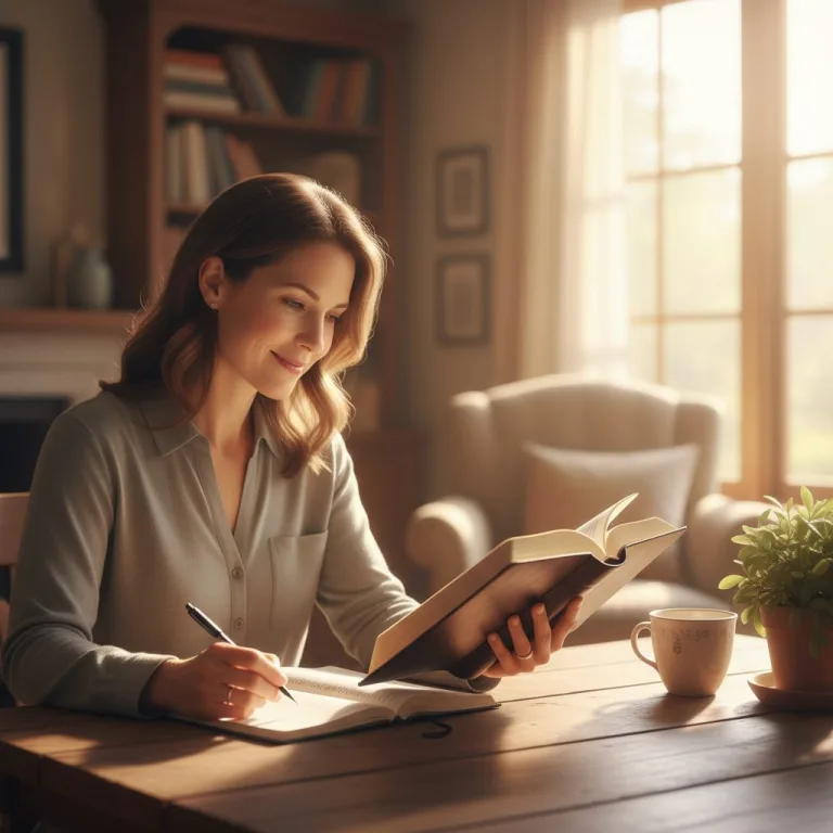 A woman smiling peacefully while studying bible teachings in a sunlit room, embodying the joy that comes from applying scr...