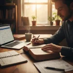 A person studying their Bible at a desk, learning how to apply principles from the bible and life to their daily work sche...