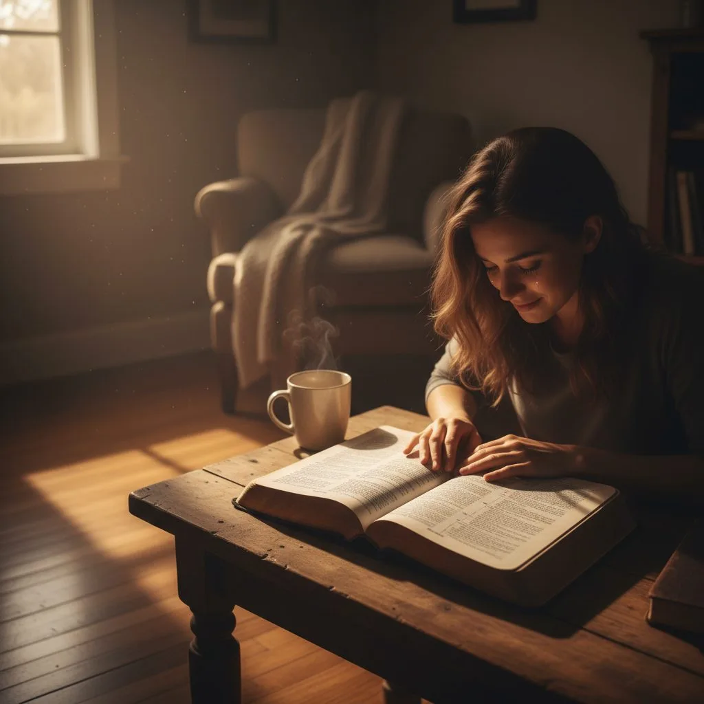 A person finding comfort by reading being overwhelmed bible verses in a quiet and peaceful setting to find spiritual tranq...