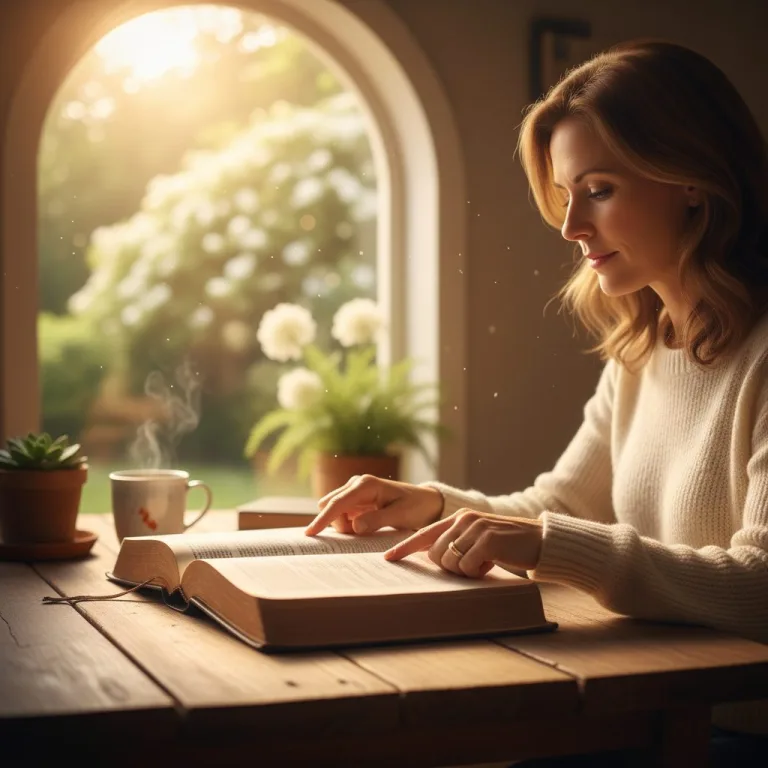 A woman finds hope and peace on her journey with the bible and anxiety by reading comforting scripture in a sunlit, quiet ...
