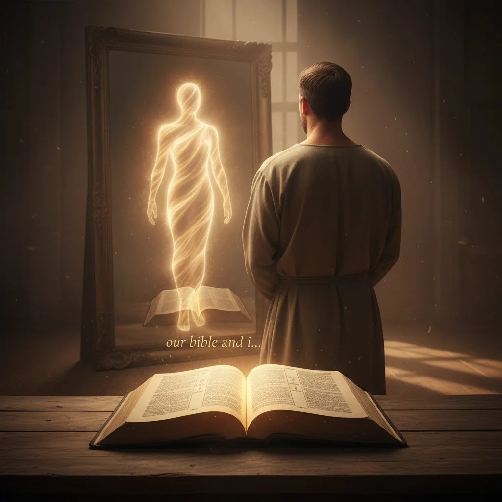 A person looks in a mirror, seeing a reflection of divine light, representing the concept of Imago Dei and our bible and i...