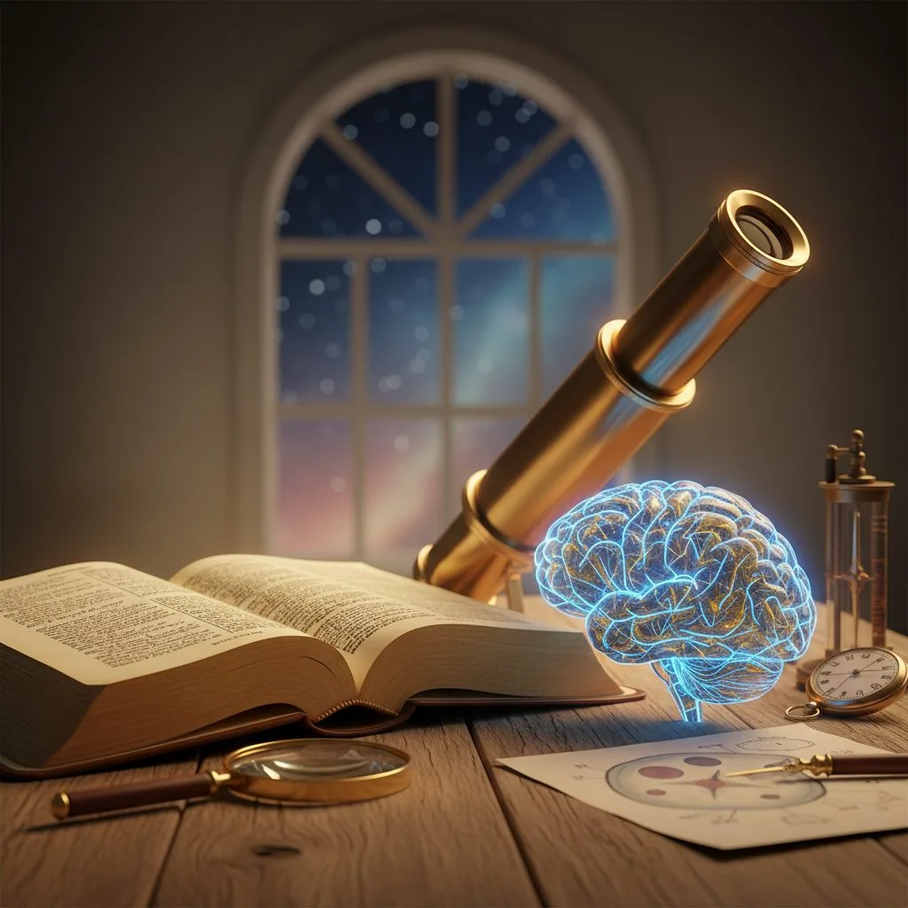 A conceptual image illustrating the relationship between the bible and science, showing a Holy Bible open next to a telesc...