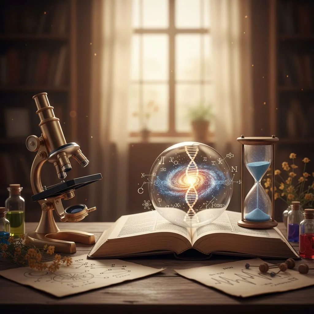 An illustrative image exploring what the bible about science says, featuring an open Bible alongside a microscope and a ga...