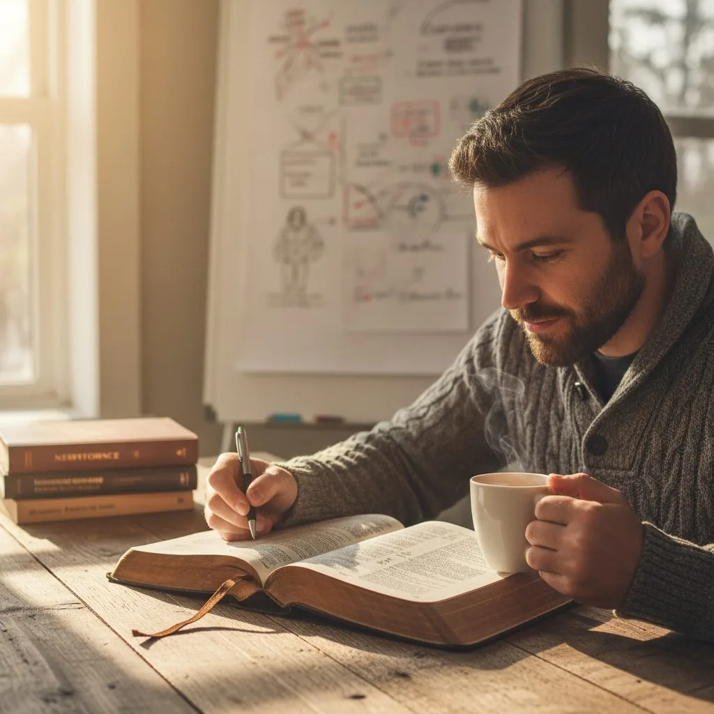 The Lived Reality of a Bible Christian Studying Scripture A bible christian deeply engaged in scripture study, illustrating that biblical belief is a vibrant, lived reality not jus...