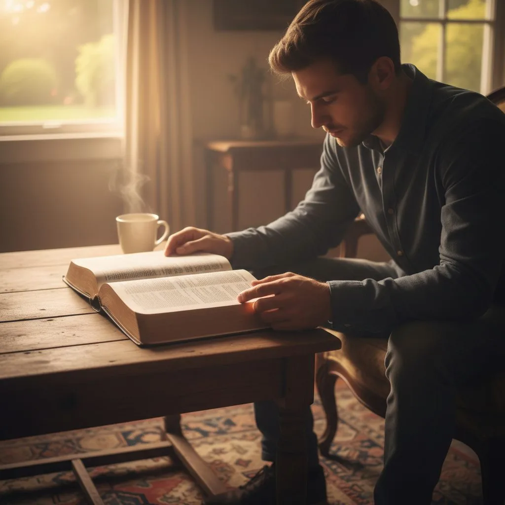 A person finding bible help for suffering by reading comforting scriptures from the Bible in a quiet, reflective setting.