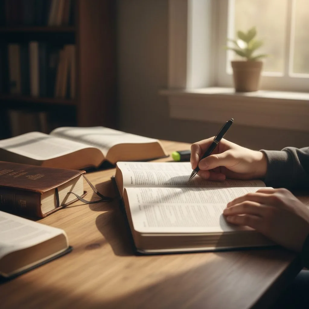 Using a Concordance as a Powerful Bible Resource for Word Studies Close-up of a student using a concordance, a foundational bible resource, to look up scripture references for deep study.