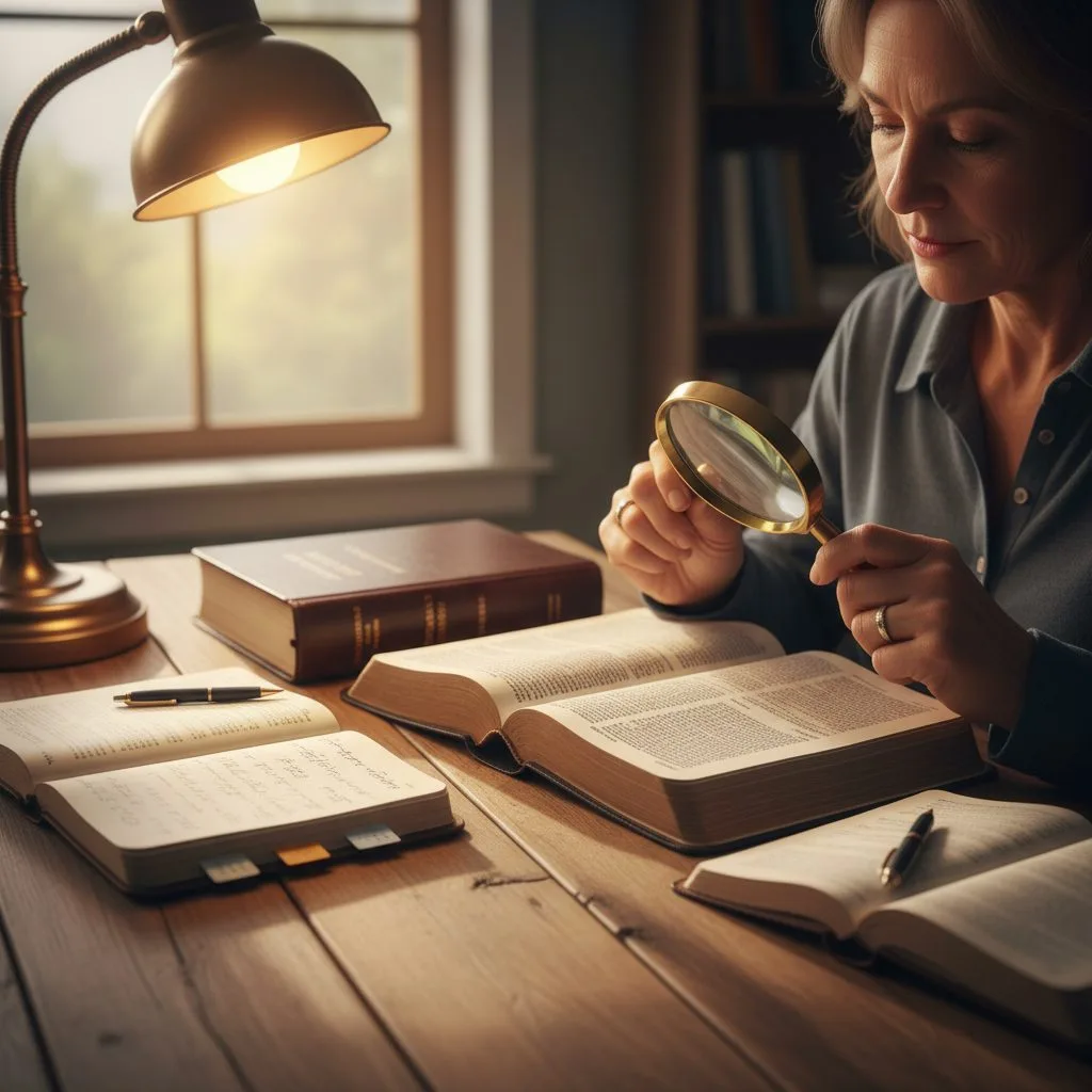 The Key to Deeper Faith: A Comprehensive Bible Resource A person at a wooden desk using a comprehensive bible resource with study tools like a concordance and notebook to deepen ...