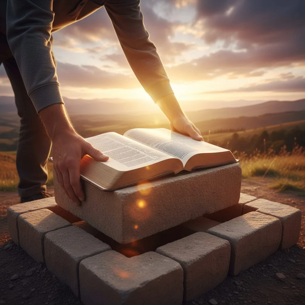 A person laying a foundational stone with an open Bible on it, illustrating the use of bible scripture on identity to buil...
