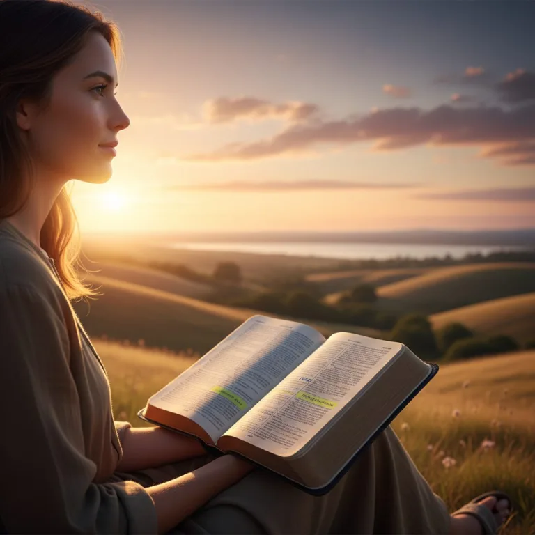 Young woman looking thoughtfully at the horizon while studying bible scripture on identity from an open book in her lap.