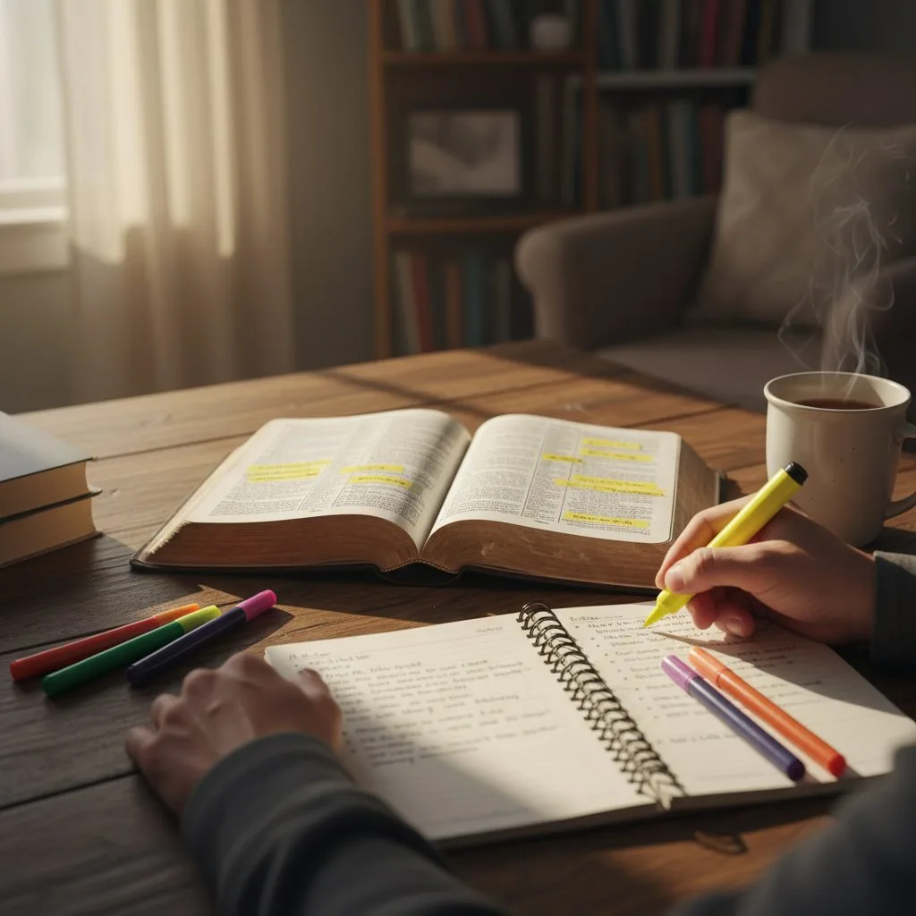 A person using bible study aids like a journal and highlighters to actively engage with the scriptures and take notes.