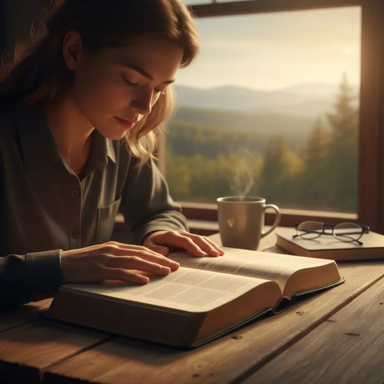 A person engaged in a deep bible study on the bible, with a warm light illuminating the pages of Scripture, representing l...