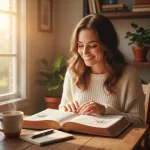 A woman smiles while reading her Bible in a sunlit room, illustrating bible study suggestions that transform duty into del...