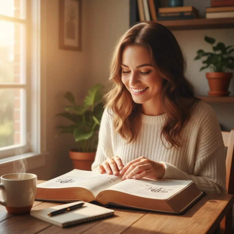 A woman smiles while reading her Bible in a sunlit room, illustrating bible study suggestions that transform duty into del...