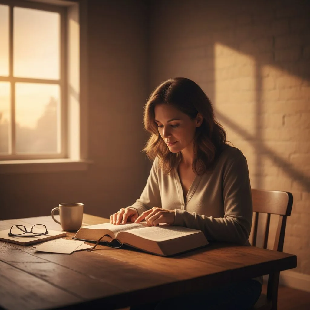 A woman carefully studies her Bible, deepening her understanding of what it means to have god in faith.