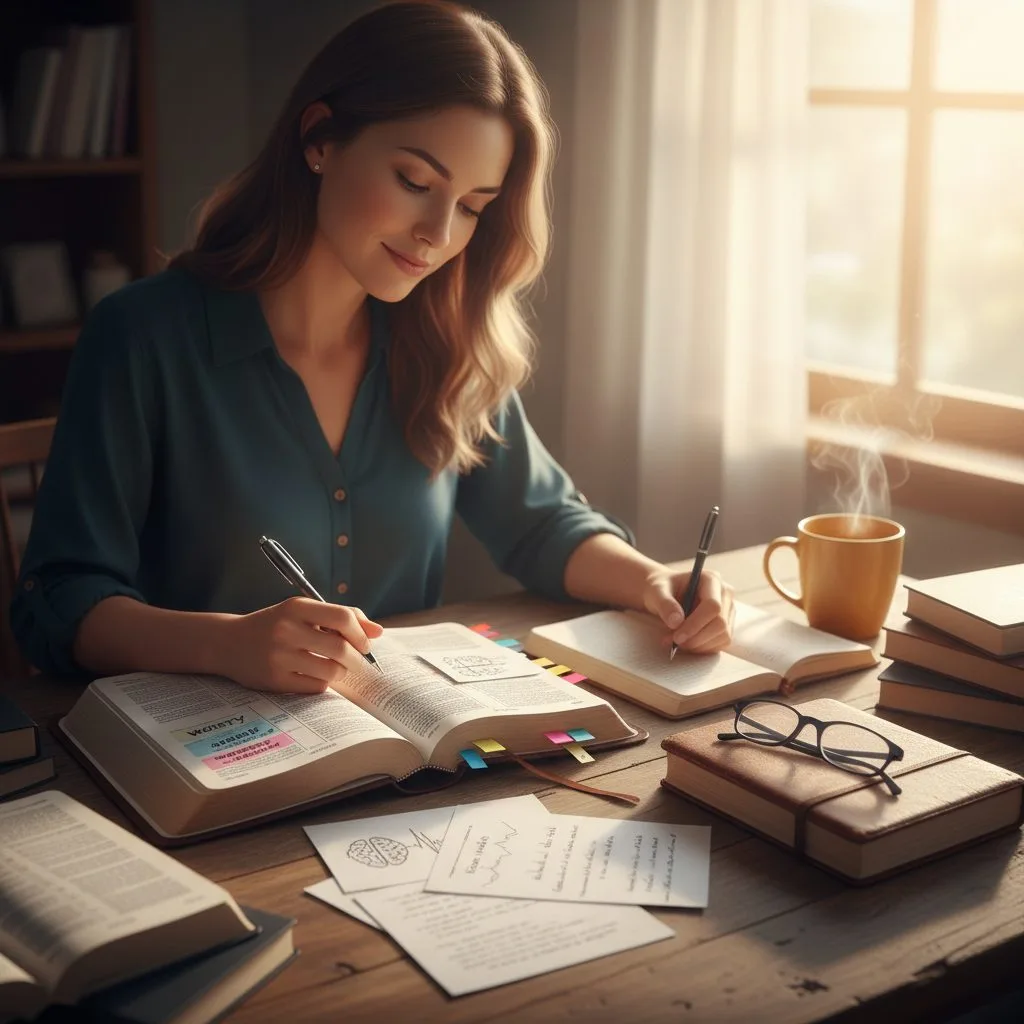Woman creating her personal anxiousness bible by studying key scripture on worry and journaling her thoughts and prayers.