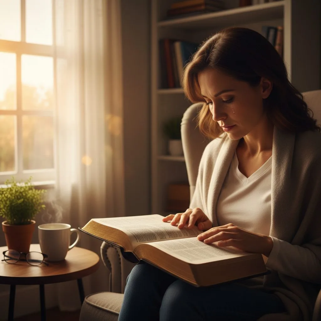 A woman finds comfort from being overwhelmed by reading calming verses from her Bible in a quiet room.