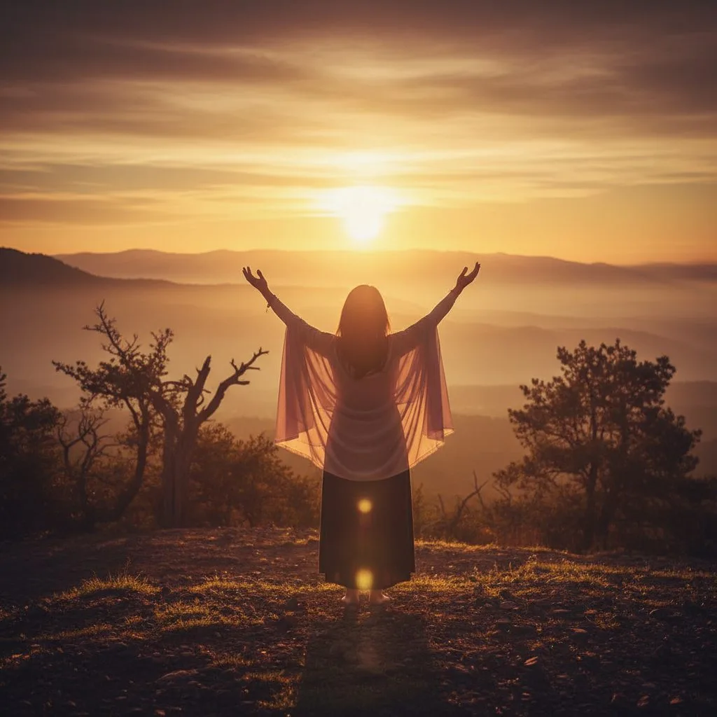 A person with hands raised in worship at sunrise, illustrating adoration, one of the foundational categories of prayer.