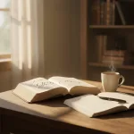An open Bible and journal on a wooden table, illuminated by light, ready for a personal christian bible study session.