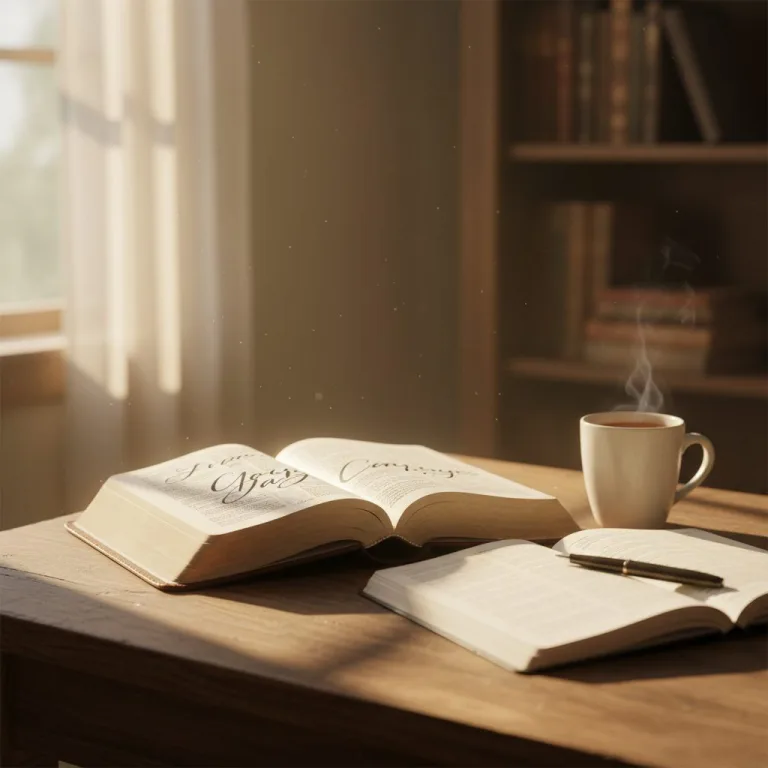 An open Bible and journal on a wooden table, illuminated by light, ready for a personal christian bible study session.