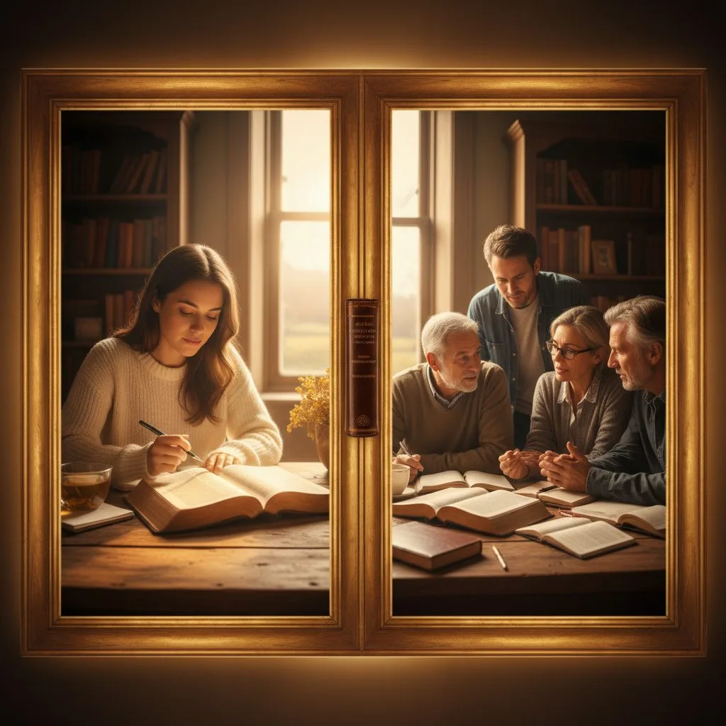 Collage showing the two main approaches to a Christian bible study: a woman studying alone and a small group studying toge...