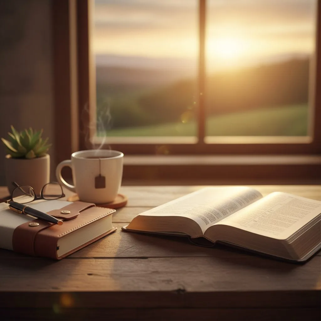 A quiet scene illustrating a christian centered life, with an open Bible and a journal for prayer and scripture study.