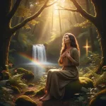 Christian woman finding spiritual calm and relief from anxiety by practicing the breath of prayer in a serene, natural set...