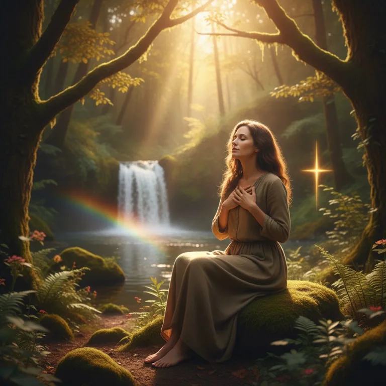 Christian woman finding spiritual calm and relief from anxiety by practicing the breath of prayer in a serene, natural set...