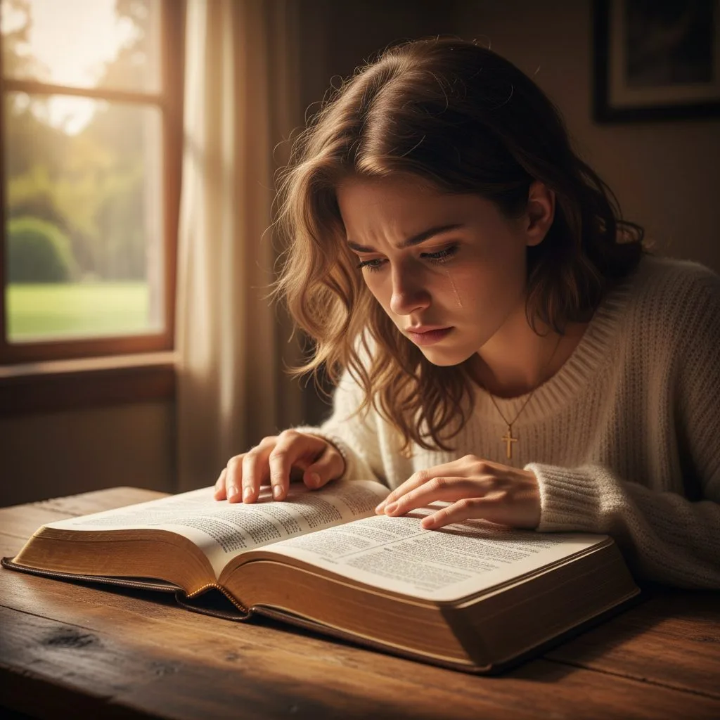 A stressed woman looking for comfort reads being overwhelmed bible verses to understand God's design for peace amidst mode...