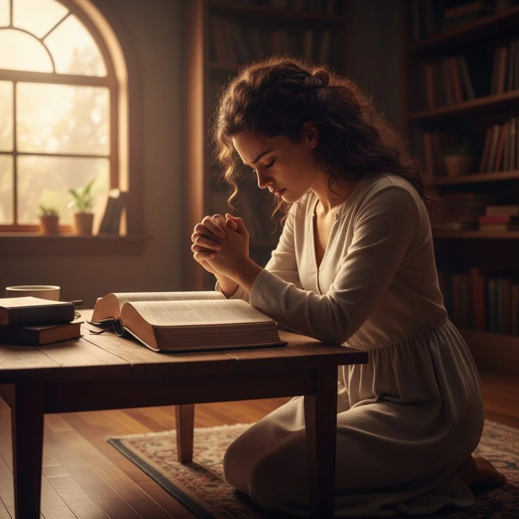 A Christian woman with an open Bible seeks help with prayer, illustrating the common difficulty some face in their faith w...