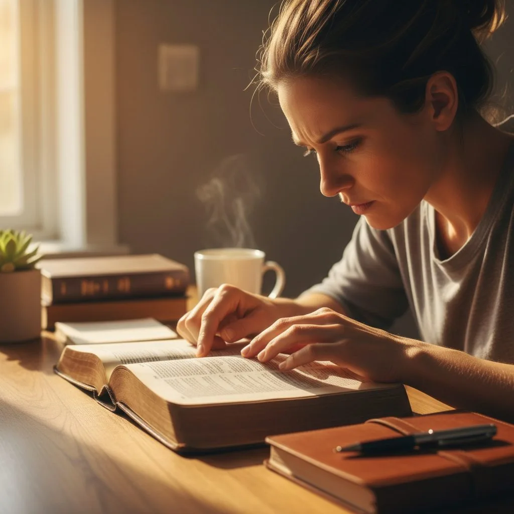 A person engaged in a deep and consistent study of scripture, with an open Bible and journal, to build a strong foundation...