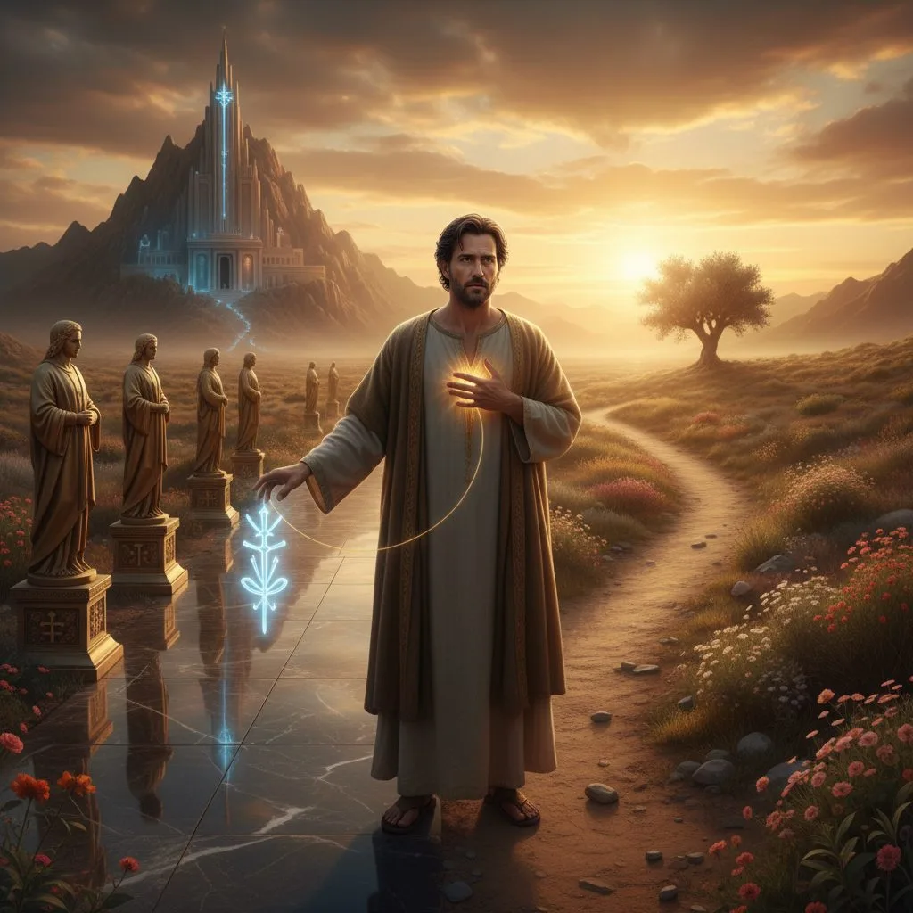 A person standing at a spiritual crossroads, showing the internal conflict and cost of gods worship versus true faith.
