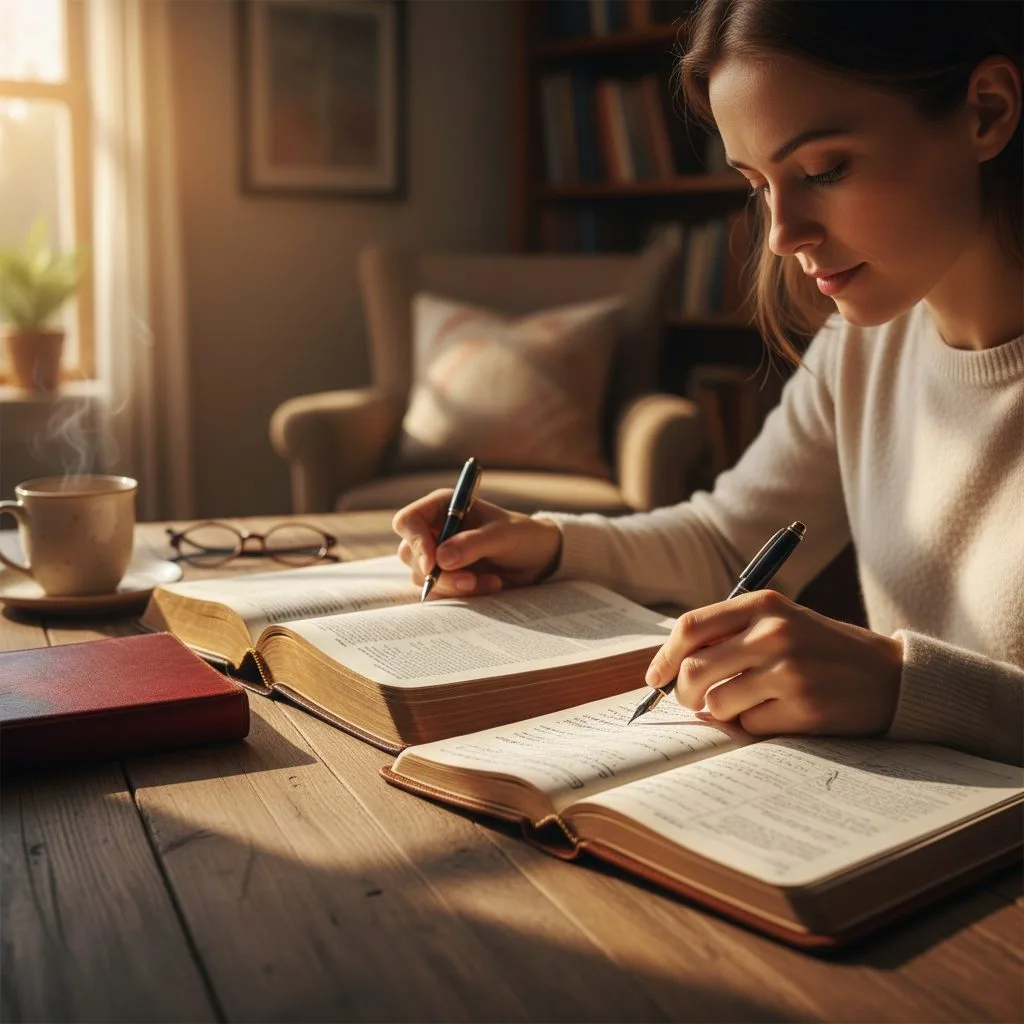 A woman engaged in a deep christian bible study, journaling to define her personal purpose and deepen her faith.