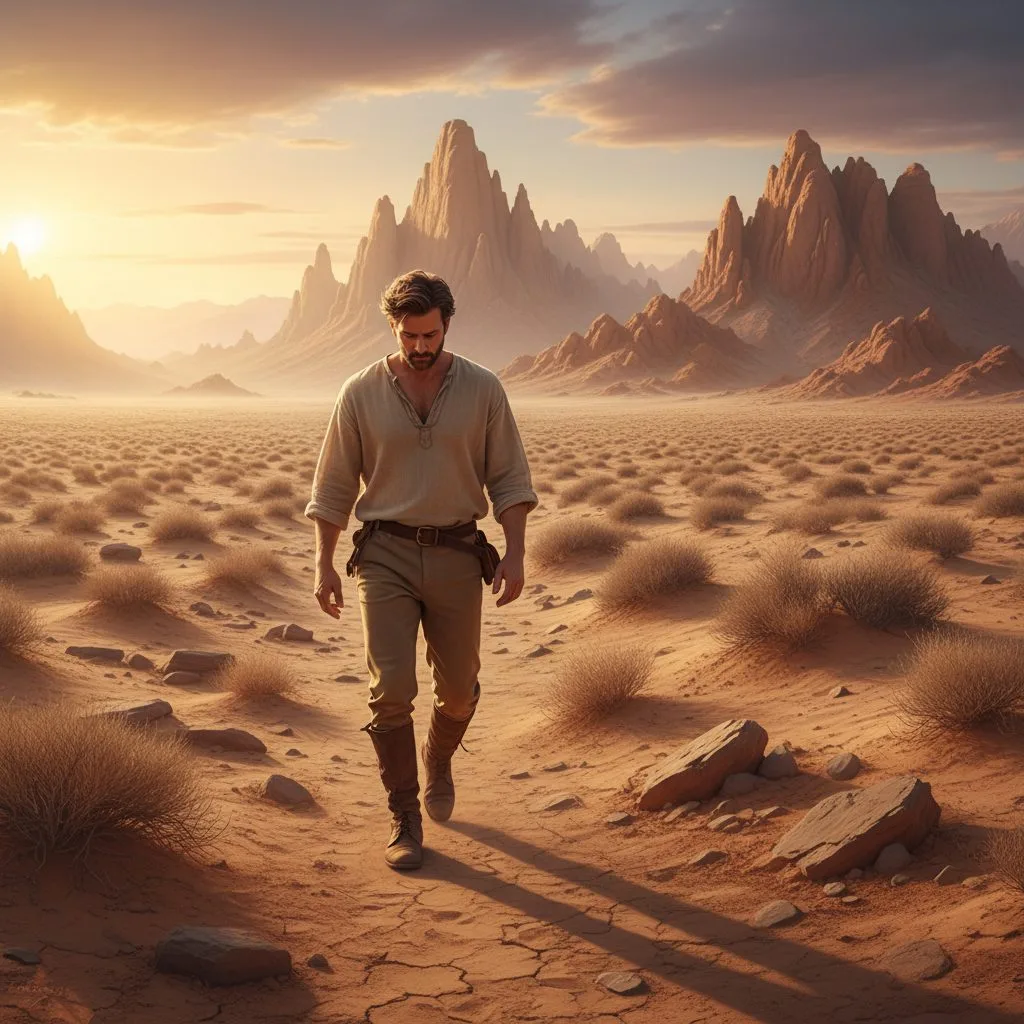 A visual representation of the spiritual struggles many faith christians face, showing a person walking alone in a desert ...