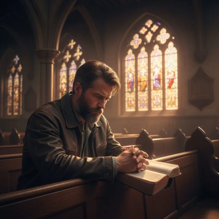 A solemn man, representing the internal struggle of faith christians, sitting alone in a church pew and contemplating his ...