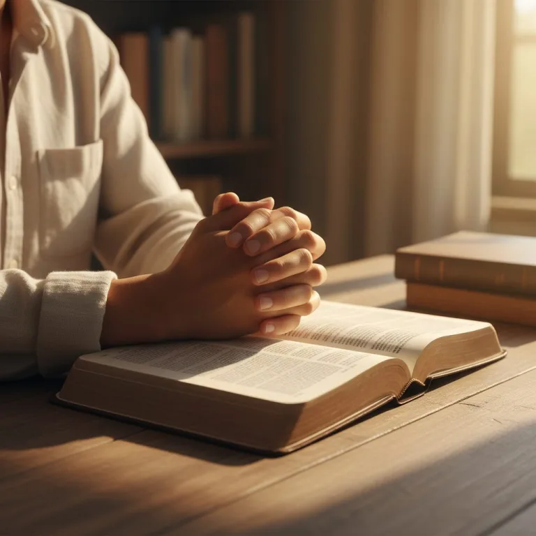 A person seeking to understand faith healing by studying the Bible with their hands clasped in prayer.