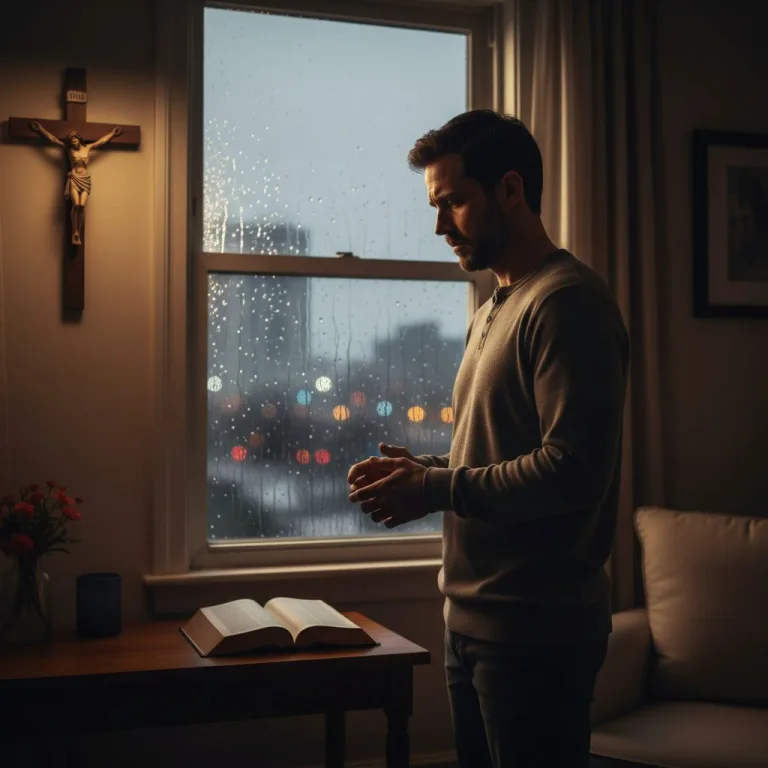 A troubled man looking out a rainy window, illustrating how suffering can test one's faith in God.
