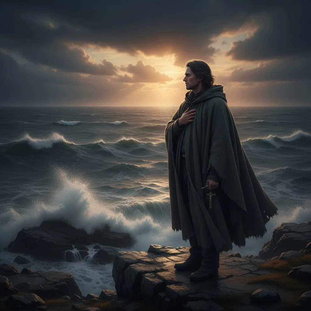 Person Experiencing Spiritual Doubt and Questioning the Faith of Faith A person looking out at a stormy sea, representing the struggle of spiritual doubt and the challenge to one's faith of faith.