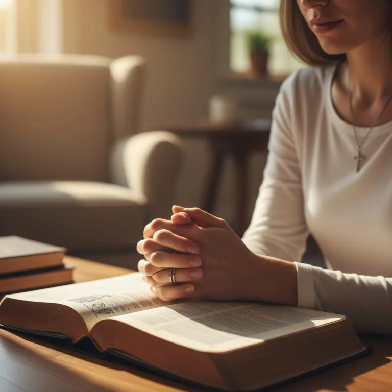 A woman's hands clasped in prayer over an open Bible, studying faith prayer bible verses to strengthen her spiritual conne...