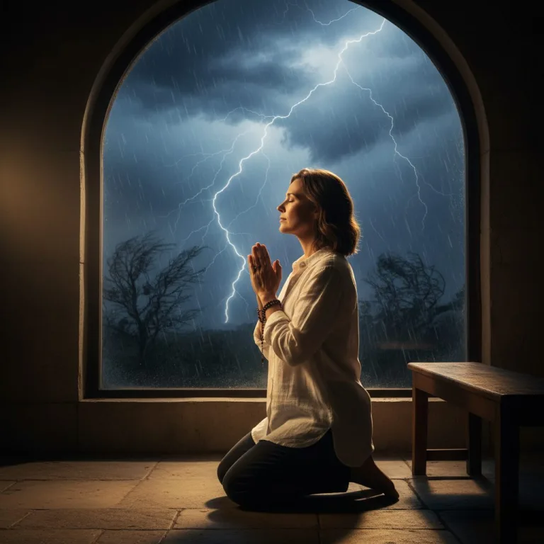 A person demonstrating faithfulness in God through prayer as a storm rages outside their window.